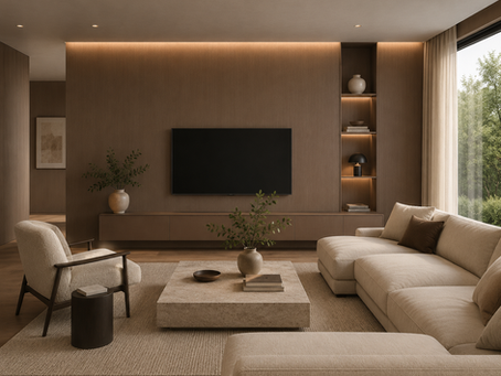 Premium dining room interior featuring detailed alignment of natural wood veneer panels behind a modern black dining table and architectural pendant lighting.