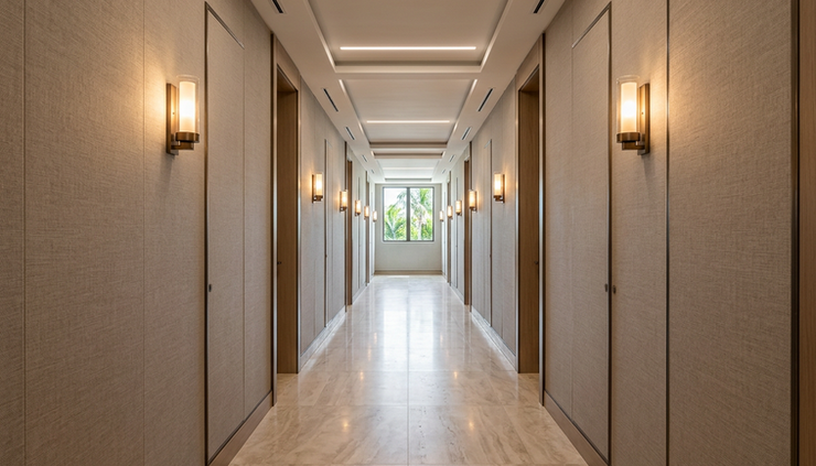 Eye-level view of a residential corridor with acoustic wallcovering and soft lighting