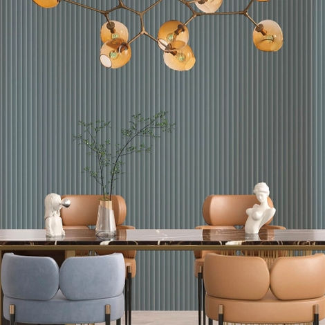 Elegant teal striped wallpaper in modern dining room