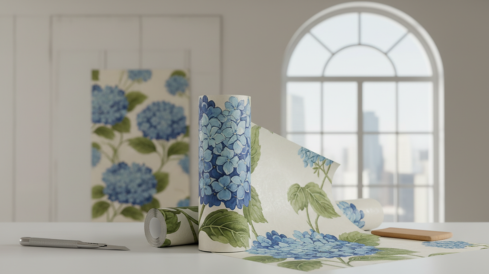 Close-up view of a wallpaper roll with a floral pattern ready for installation
