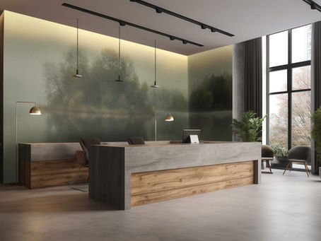 Modern lobby with large landscape mural, wooden reception desk, and potted plants. Warm lighting and large windows create a serene atmosphere.