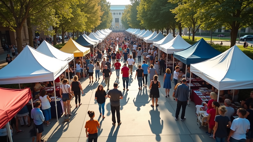High angle view of a community health event with banners and informational booths