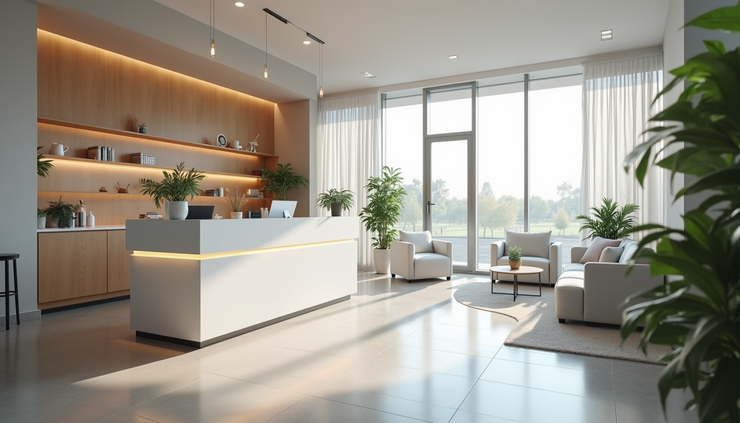 Eye-level view of a modern dental clinic reception area with clean design and welcoming atmosphere