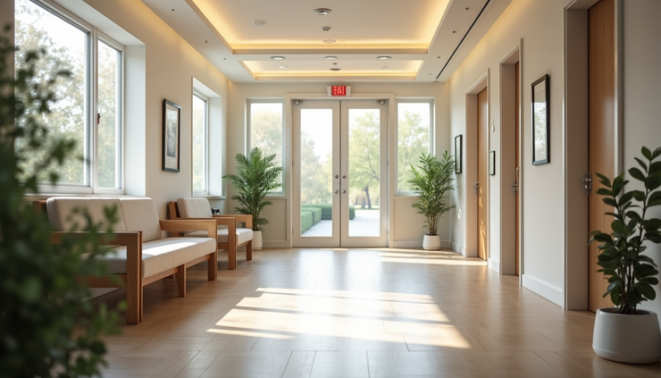 Eye-level view of a calm and welcoming rehabilitation clinic reception area