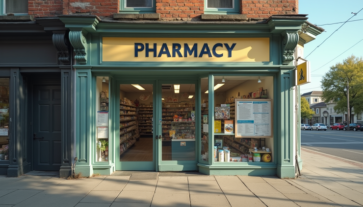Eye-level view of a local pharmacy storefront with clear signage and community bulletin board