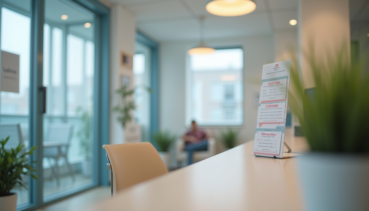 Eye-level view of a physiotherapy clinic reception area with patient brochures and appointment schedules