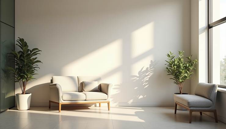 Eye-level view of a calm clinic waiting room with soft natural light