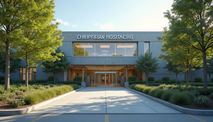 Eye-level view of a modern hospital entrance with clear signage and welcoming landscaping
