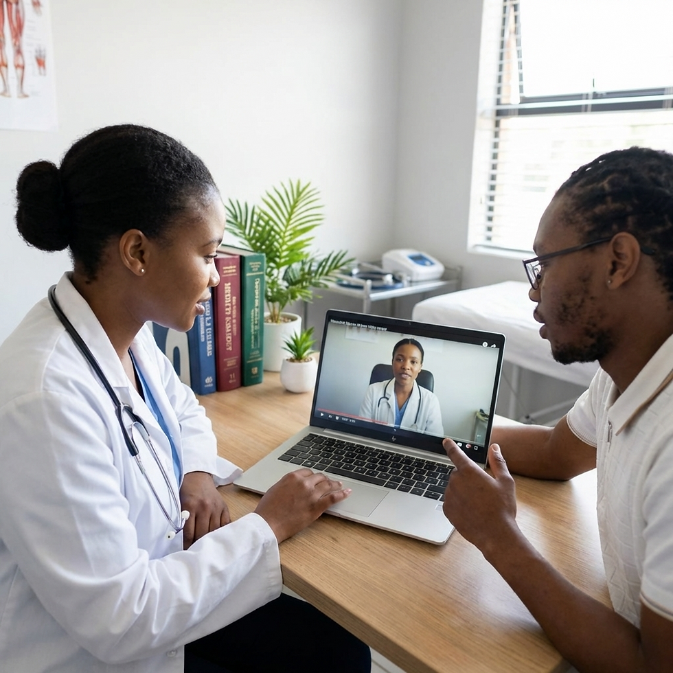 Tlotliso Kama and a doctor reviewing a video they took.