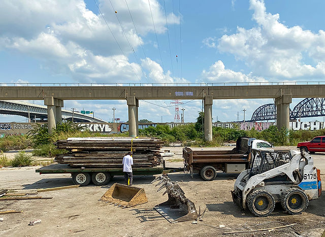 A trailer loaded with reclaimed lumber from the Servco Building in St. Louis MO.