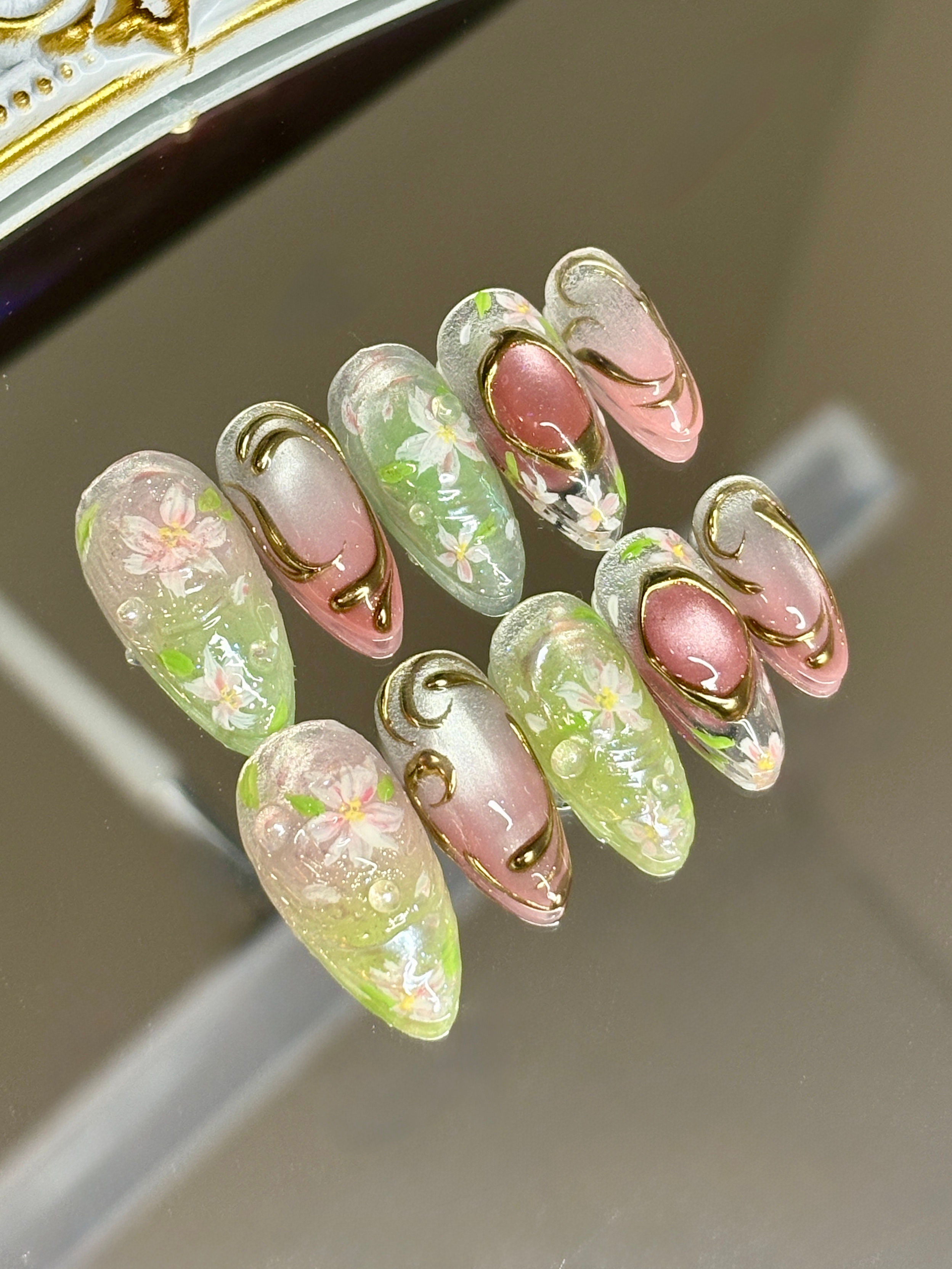 Pink Lime Cat-Eye Lotus Garden Nail Set