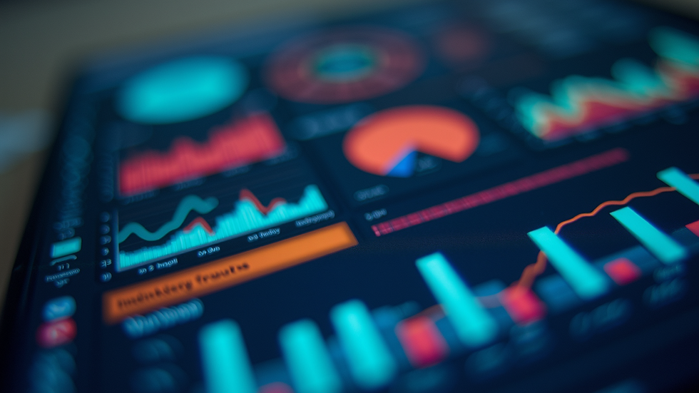 Wide angle view of colorful data visualizations on a digital dashboard