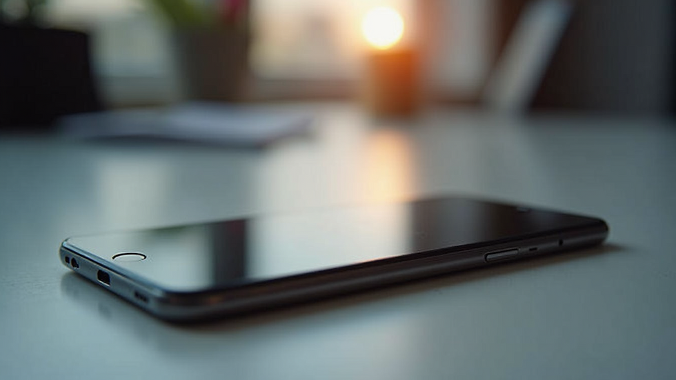 High angle view of a smartphone lying on a table with a blurred background