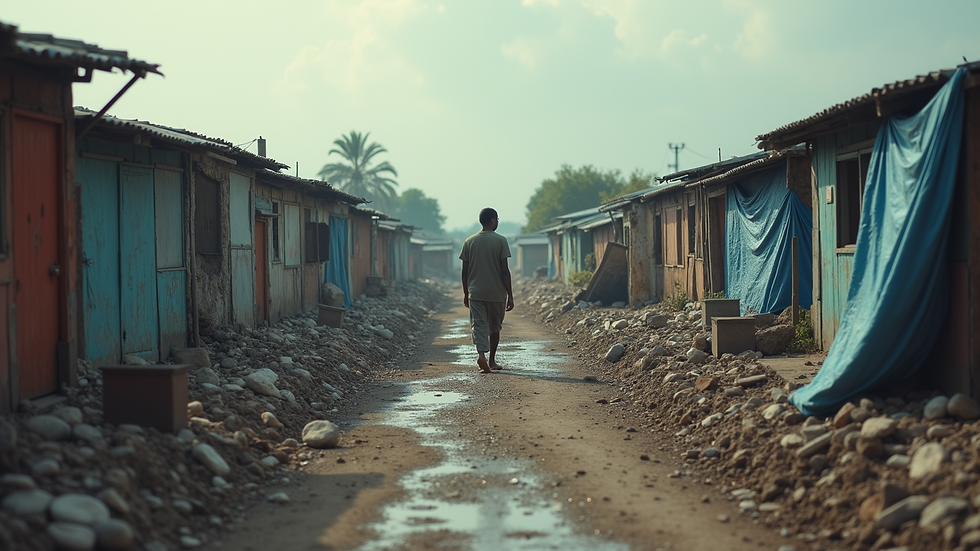 Eye-level view of makeshift housing in a disaster-prone area