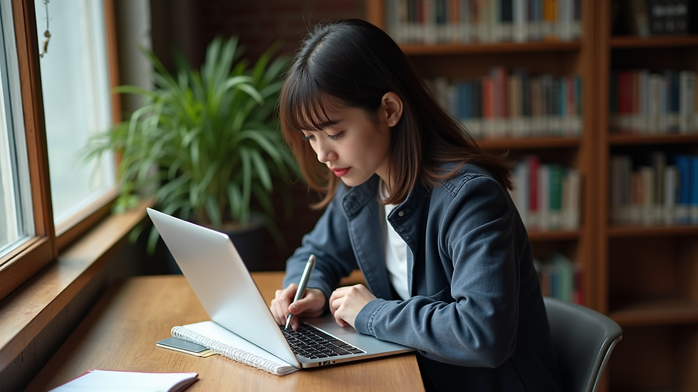 High angle view of a student studying with a laptop and books