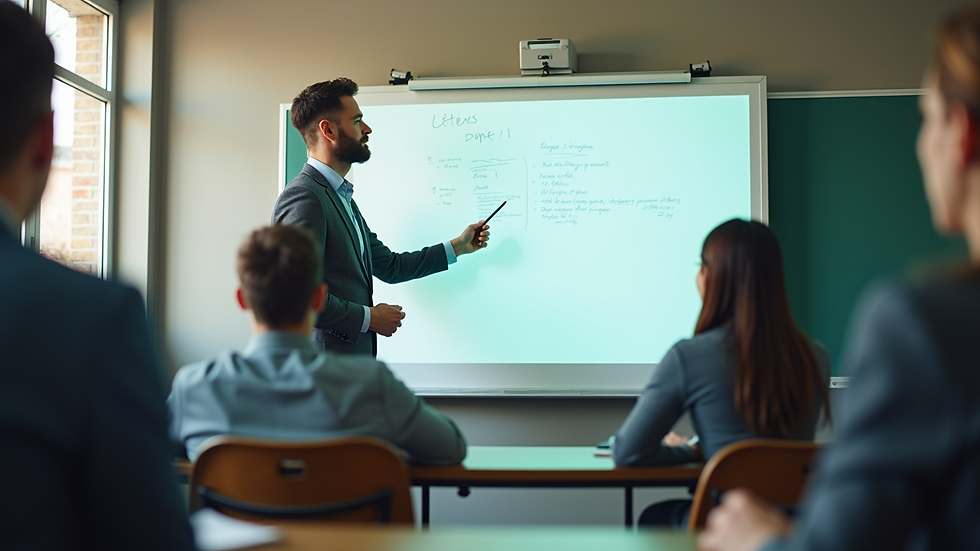 Eye-level view of a teacher explaining a lesson on the whiteboard
