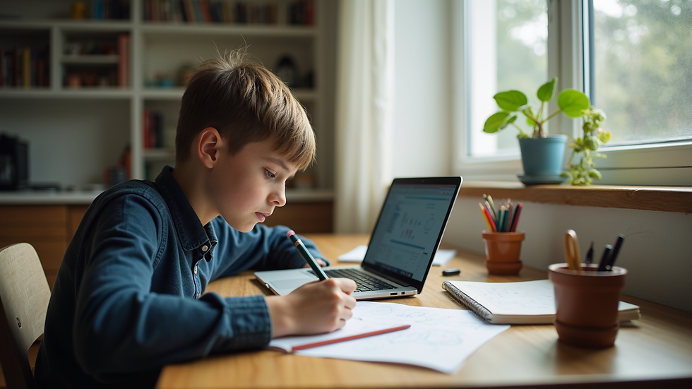 Wide angle view of a student studying math at home