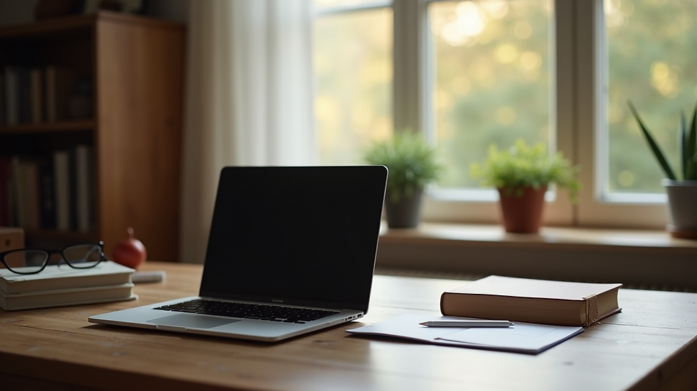 Eye-level view of a cozy study space with a laptop and books
