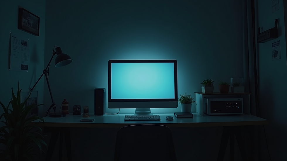 Eye-level view of a darkened room with a computer screen illuminating the space
