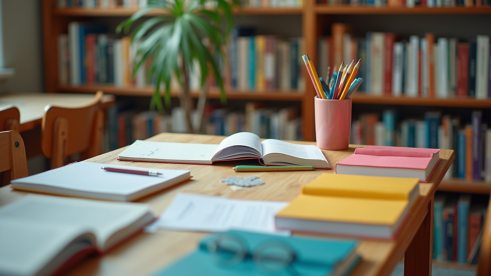 High angle view of a colorful study area with books and stationery