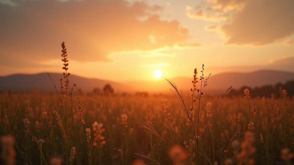 Wide angle view of a peaceful landscape with a sunrise symbolizing hope and renewal