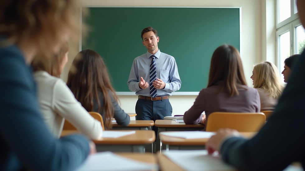 Eye-level view of a classroom with a teacher engaging with students