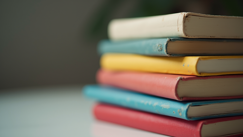 Close-up view of a colorful book stack