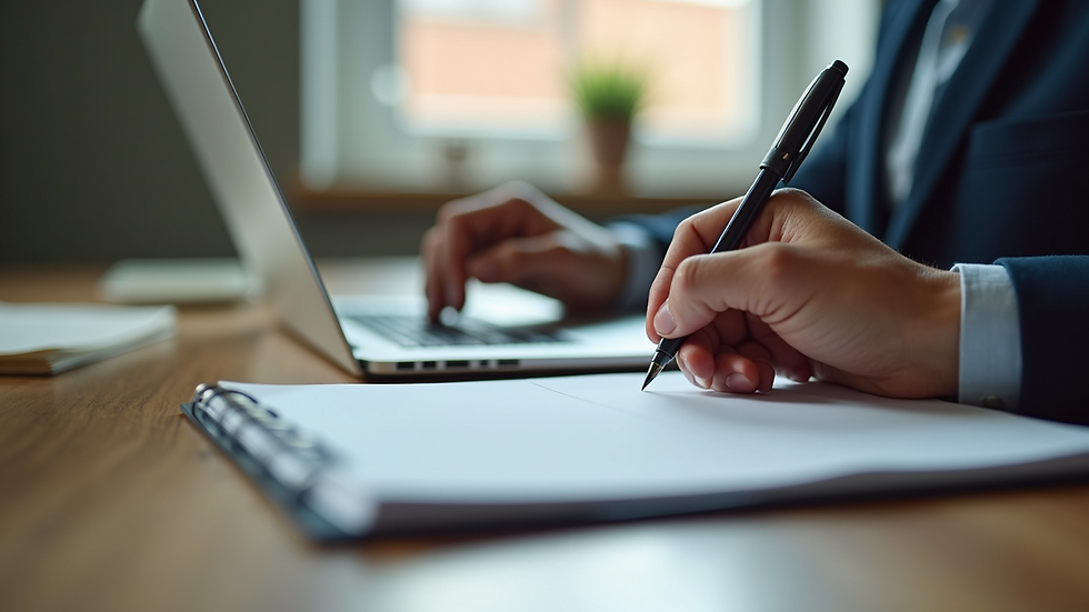 Close-up view of a person writing notes for an online course