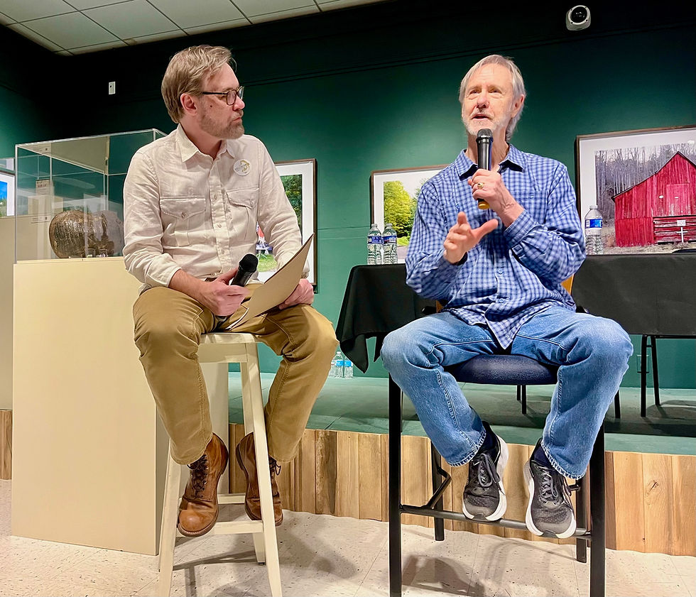 Ron Rash, right, keynote speaker for the 10th Annual Spring Literary Festival at ETSU, talks about writing rituals and literary styles with Jesse Graves, ETSU professor and Poet-in-Residence. (Photos by Ophelia Wagner)
