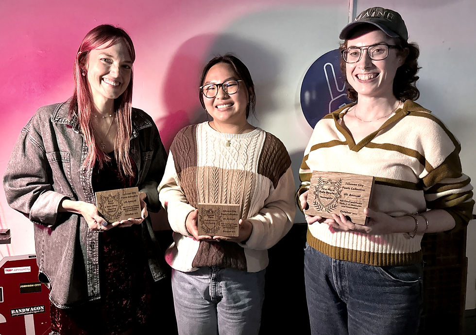 From left, Brittani Clifton, Audrey Hanna, and Kate Bewley are the third-, second-, and first-place winners in the Johnson City Poets Collective's 2025 poetry contest.