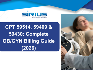 Sirius Solutions Global cover with doctor doing ultrasound on pregnant patient; title reads CPT 59514, 59409 & 59430 OB/GYN Billing Guide
