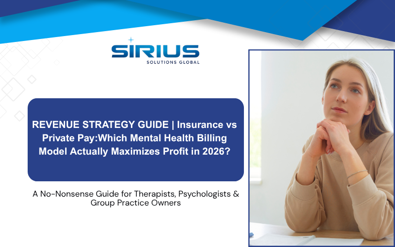 Woman thinking at a desk, next to a blue box with text: "REVENUE STRATEGY GUIDE | Insurance vs Private Pay." Sirius Solutions Global logo above.