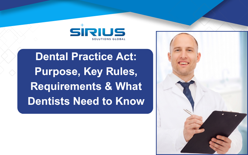 Sirius Solutions Global promo with smiling dentist holding clipboard beside title Dental Practice Act: purpose, rules, requirements.