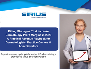 Doctor holding a chart with an upward arrow. Text on the left about dermatology profit strategies for 2026. Sirius Solutions logo on top.