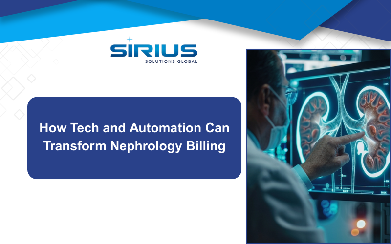 Doctor pointing at kidney scans on screen; heading: "How Tech and Automation Can Transform Nephrology Billing," blue and white theme.