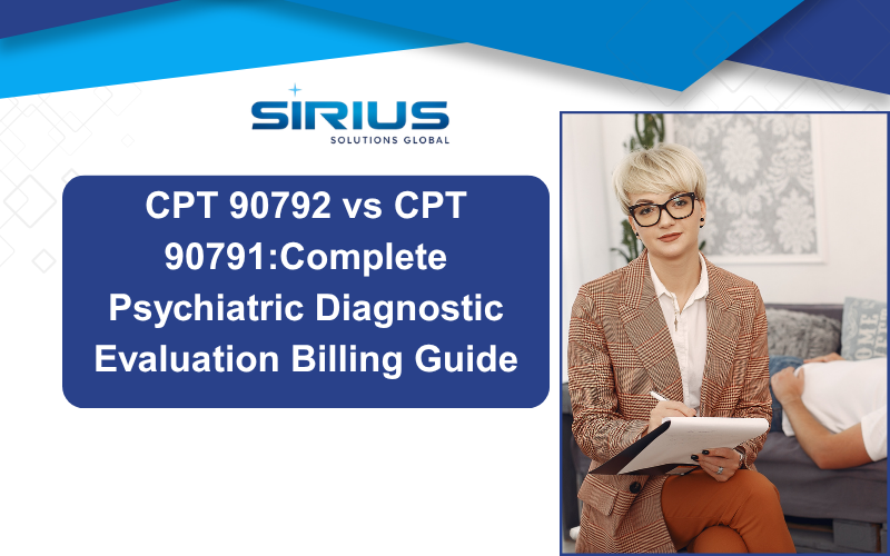 Sirius Solutions Global graphic showing a clinician with clipboard beside text: CPT 90792 vs CPT 90791 psychiatric billing guide.