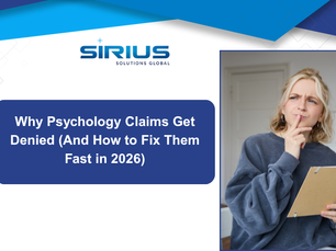 Woman thinking while holding a clipboard, next to text: "Why Psychology Claims Get Denied (And How to Fix Them Fast in 2026)". Blue and white design.