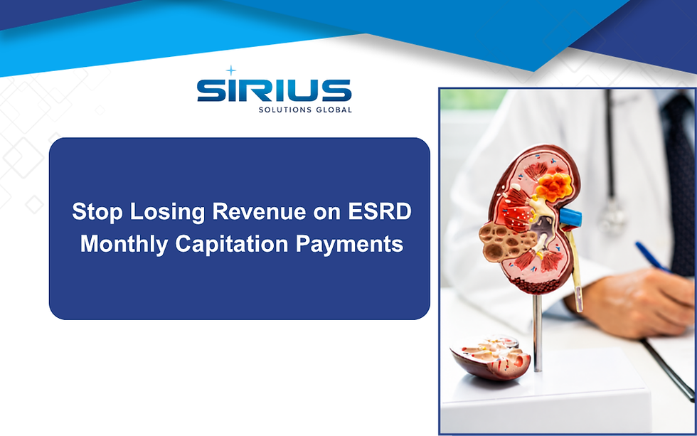 Sirius Solutions Global poster with kidney model and doctor, reading Stop Losing Revenue on ESRD Monthly Capitation Payments.