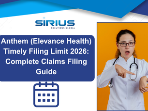 Sirius Solutions Global banner about Anthem (Elevance Health) timely filing limit 2026, with doctor pointing on orange background.