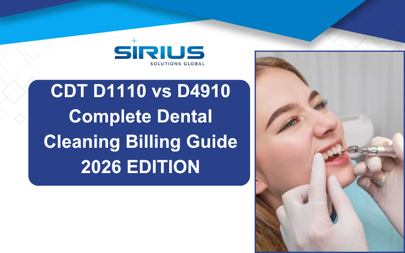 Sirius cover titled CDT D1110 vs D4910 Complete Dental Cleaning Billing Guide 2026 Edition, with dentist cleaning a patient's teeth.