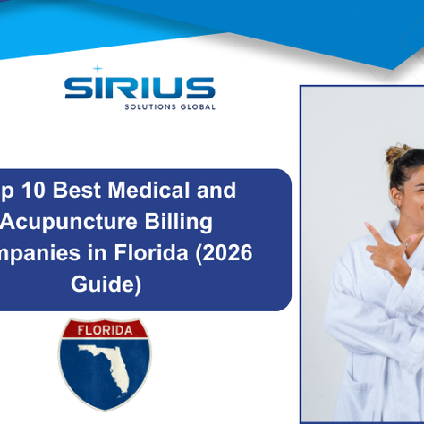 Woman in white robe points right with a confident expression. Text reads "Top 10 Best Medical and Acupuncture Billing Companies in Florida (2026 Guide)" with a Florida badge.