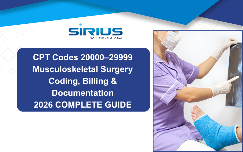 Sirius Solutions Global banner for CPT Codes 20000–29999 musculoskeletal surgery coding guide, with clinician reviewing an X-ray.