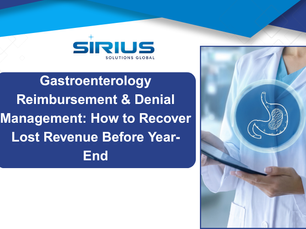 Sirius Solutions Global slide with a doctor holding a tablet and glowing stomach icon; text: Gastroenterology Reimbursement & Denial Management