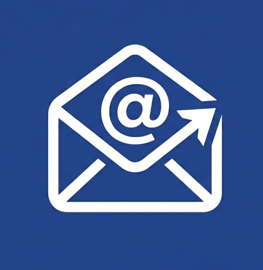 Email icon with an envelope and @ symbol on a blue background, indicating sending or communication. 