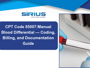 Sirius Solutions Global poster with a gloved hand holding a blood tube; text reads CPT Code 85007: Manual Blood Differential Guide