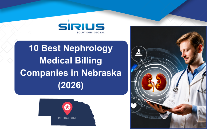 Graphic for Sirius Solutions Global: 10 Best Nephrology Medical Billing Companies in Nebraska (2026), with doctor, kidneys, Nebraska map.