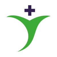 Green abstract figure with arms raised, topped by a blue cross on a white background. Symbolizes health and positivity.