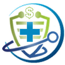 Shield icon with green dollar sign, blue medical cross, and stethoscope in a blue circle. Represents healthcare costs or insurance.