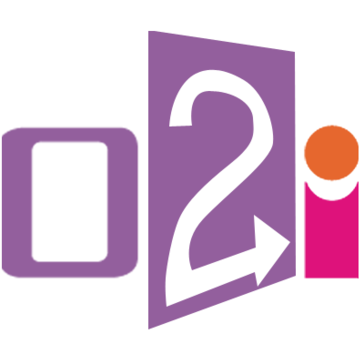 Purple and pink "o2i" logo with an orange dot over the "i". Arrow incorporated in the "2". Simple, modern design.
