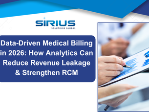 Sirius Solutions Global banner with title on data-driven medical billing in 2026, plus hands reviewing blue charts on a tablet.